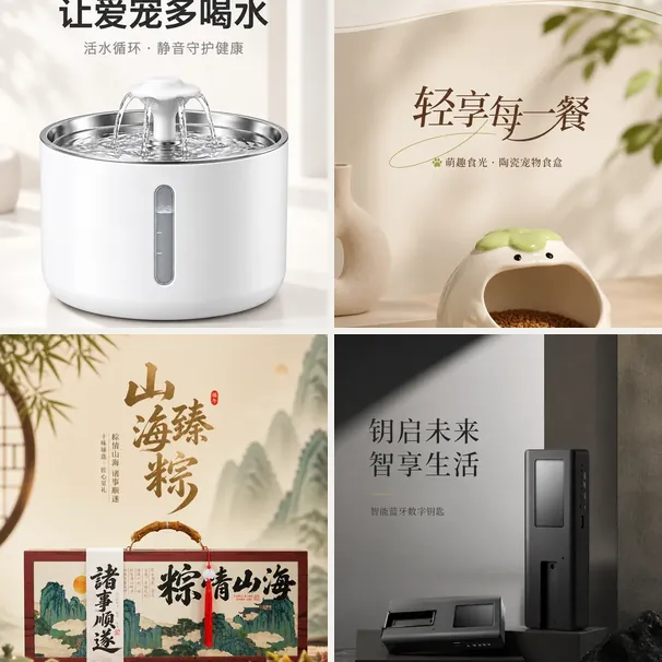 四个不同商品批量出图的示例